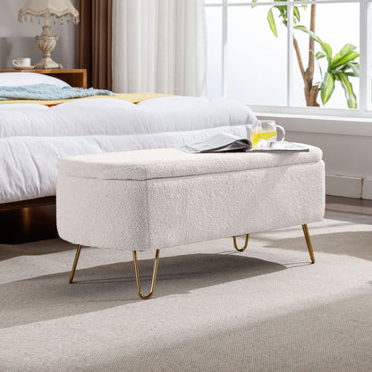 Storage Ottoman Bench For End Of Bed Gold Legs, Modern Ivory White Faux Fur Entryway Bench Upholstered Padded With Storage For Living Room Bedroom - Ivory
