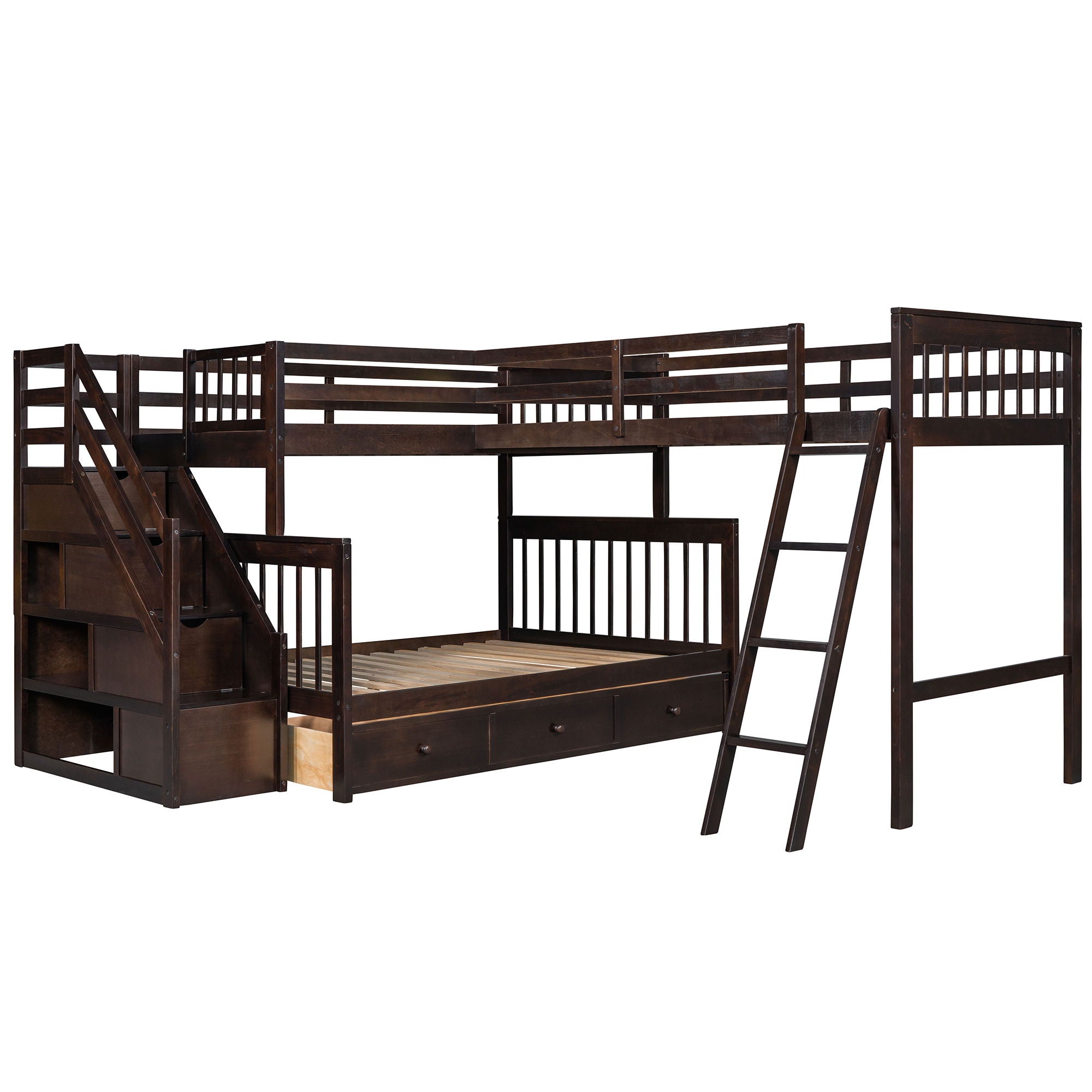 Twin Over Full L Shaped Bunk Bed With 3 Drawers, Ladder And Staircase - Espresso