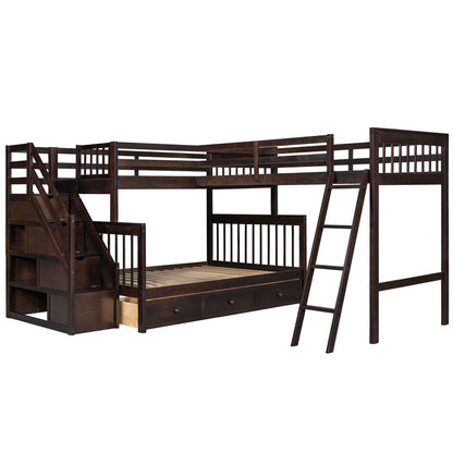 Twin Over Full L Shaped Bunk Bed With 3 Drawers, Ladder And Staircase - Espresso