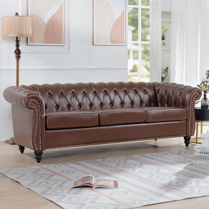 Rolled Arm Chesterfield Three Seater Sofa - Dark Brown