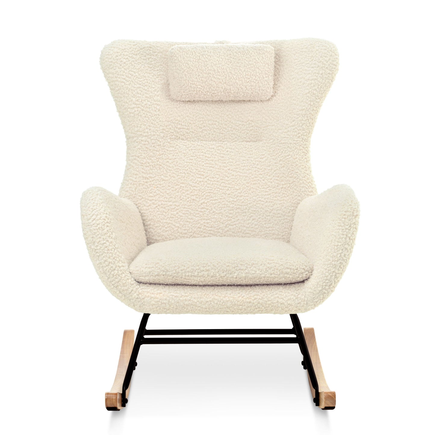Rocking Chair Nursery, Teddy Upholstered Rocker Glider Chair With High Backrest, Adjustable Headrest & Pocket, Comfy Glider Chair For Nursery, Bedroom, Living Room, Offices, Rubber Wood - Beige