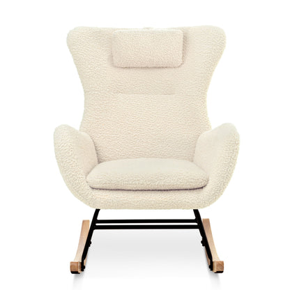 Rocking Chair Nursery, Teddy Upholstered Rocker Glider Chair With High Backrest, Adjustable Headrest & Pocket, Comfy Glider Chair For Nursery, Bedroom, Living Room, Offices, Rubber Wood - Beige
