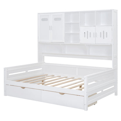 Full Size Daybed With 2 Drawers And All In One Cabinet And Shelf - White