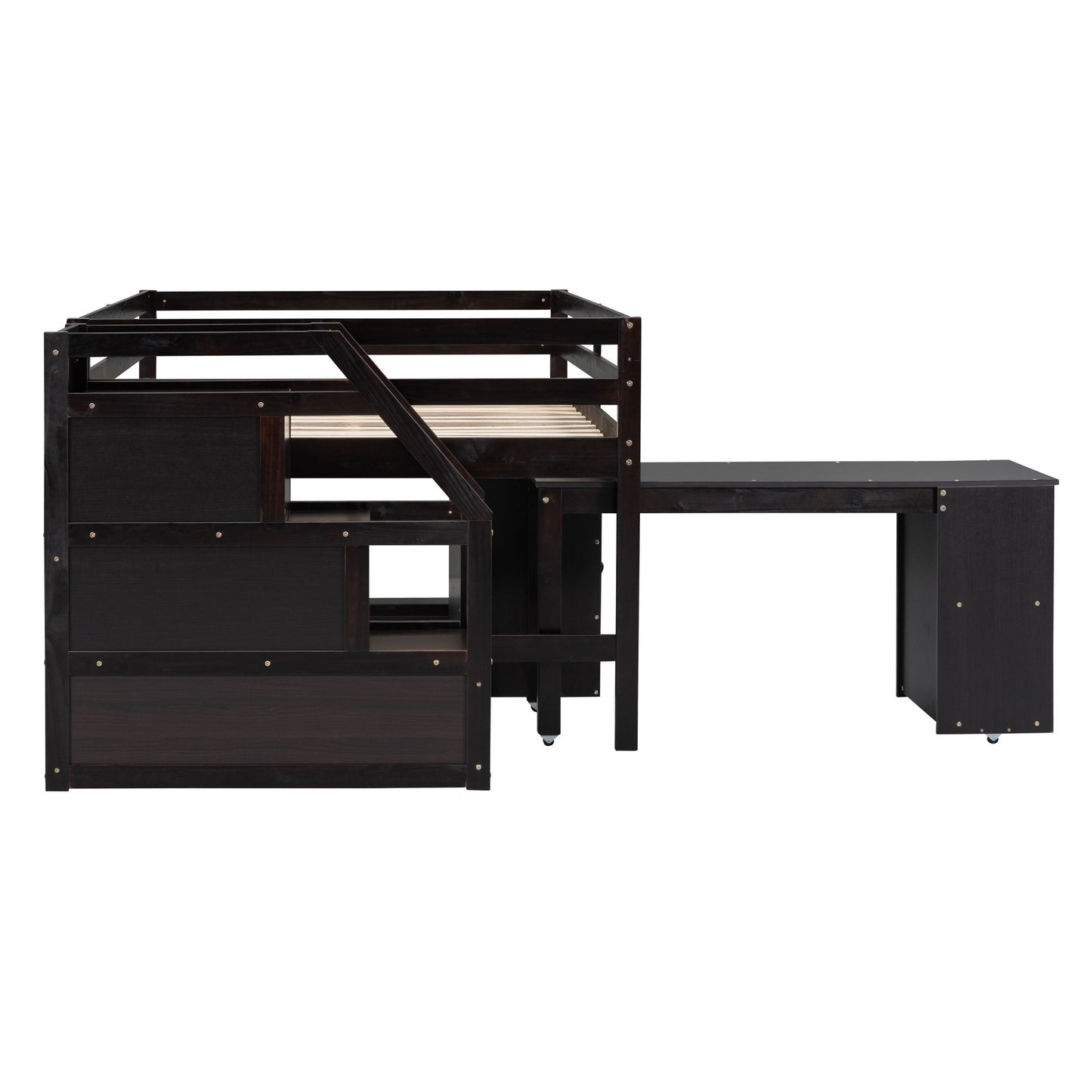 Full Size Loft Bed With Retractable Writing Desk And 3 Drawers With Storage Stairs And Shelves - Espresso