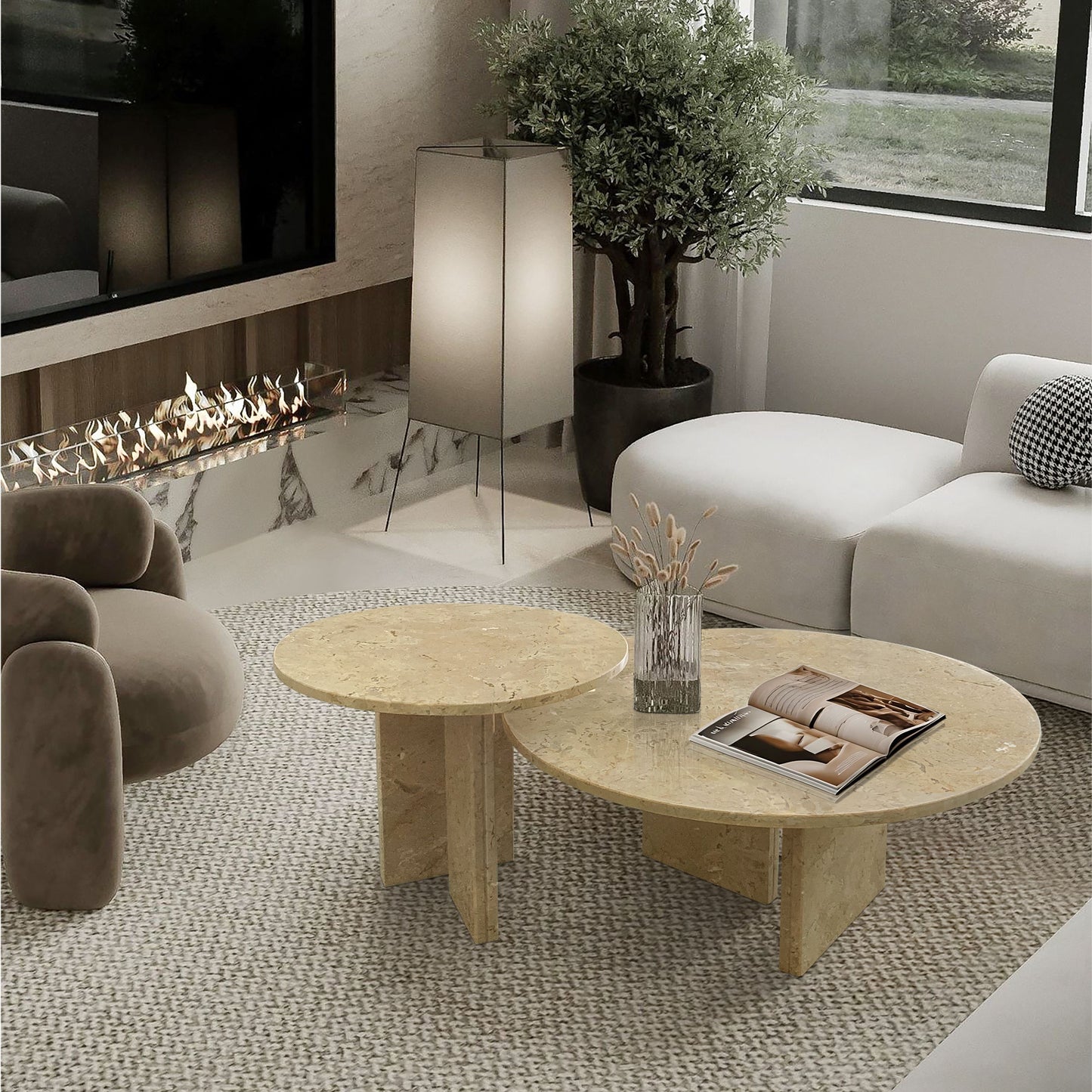 Elegant Marble Coffee Table Set Natural Stone - Gold Yellow Beige, Small Living Room Table Duo - Beige / Gold / Beige / Yellow