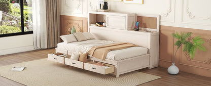 Twin Size Daybed With 3 Storage Drawers, Upper Soft Board, Shelf, And A Set Of Sockets And USB Ports - White