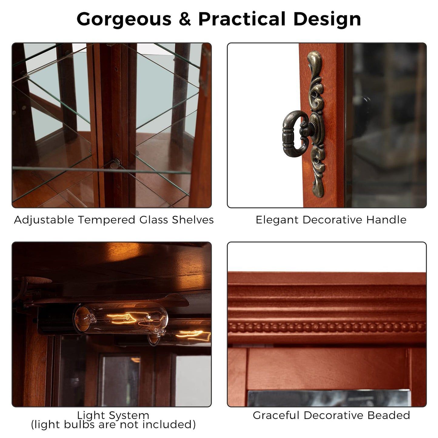 Corner Curio Cabinet With Lights, Adjustable Tempered Glass Shelves, Mirrored Back, Display Cabinet (E26 Light Bulb Not Included) - Light Walnut