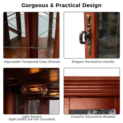 Corner Curio Cabinet With Lights, Adjustable Tempered Glass Shelves, Mirrored Back, Display Cabinet (E26 Light Bulb Not Included) - Light Walnut