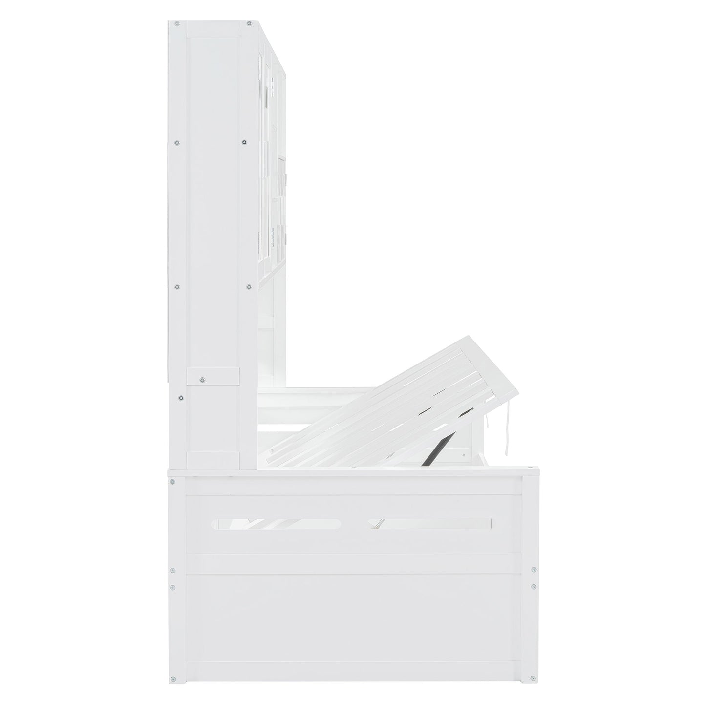 Twin Size Wooden Daybed With Hydraulic Bed And All In One Cabinet And Shelf - White