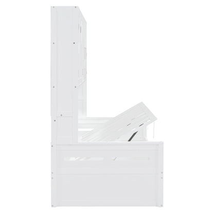 Twin Size Wooden Daybed With Hydraulic Bed And All In One Cabinet And Shelf - White