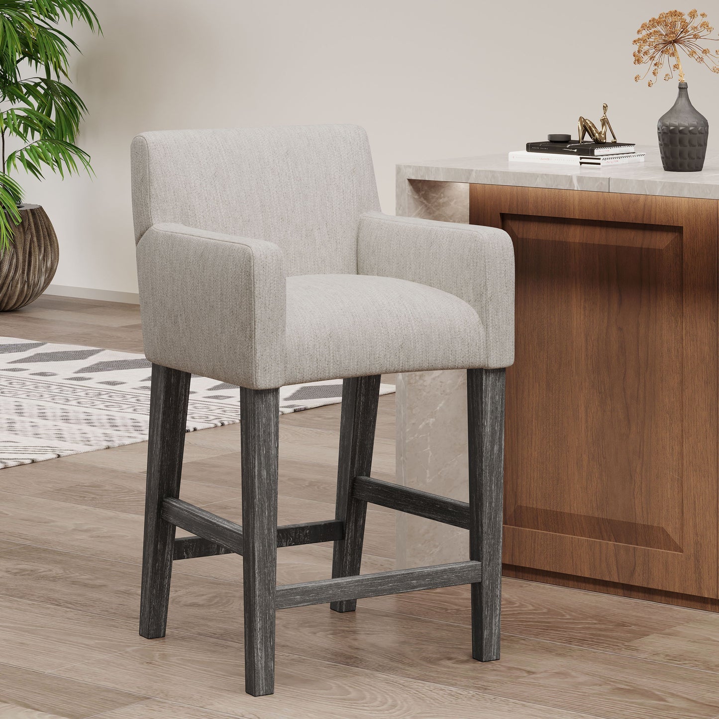 Charmed Upholstered Counter Stool With H Frame Base And Round Arms - Light Gray