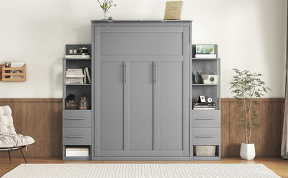 Full Size Murphy Wall Bed With Shelves, Drawers And LED Lights - Gray