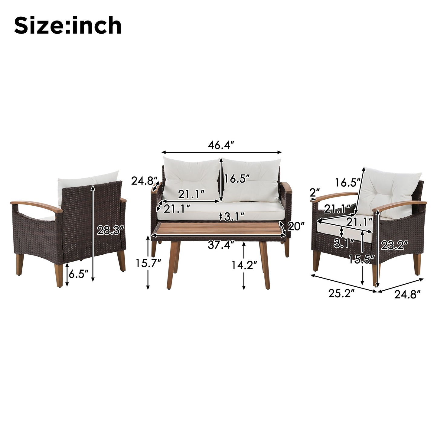 4 Piece Garden Furniture, Patio Seating Set, Outdoor Sofa Set, Wood Table And Legs - Brown / Beige