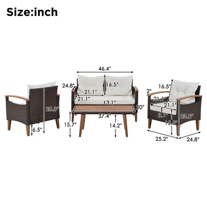 4 Piece Garden Furniture, Patio Seating Set, Outdoor Sofa Set, Wood Table And Legs - Brown / Beige