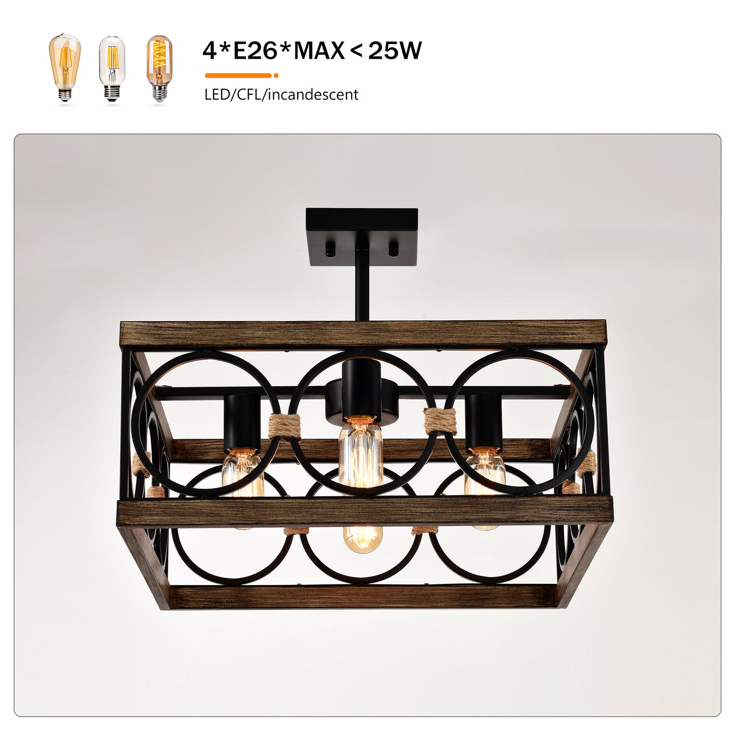 4 Light Square Kitchen Island Lights Ceiling Light Farmhouse Dining Room Light Fixture, Wood And Metal Rectangular Ceiling Light, Ceiling Lighting For Living Room, Conference Room, Home Office - Black