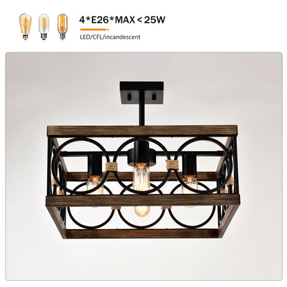4 Light Square Kitchen Island Lights Ceiling Light Farmhouse Dining Room Light Fixture, Wood And Metal Rectangular Ceiling Light, Ceiling Lighting For Living Room, Conference Room, Home Office - Black
