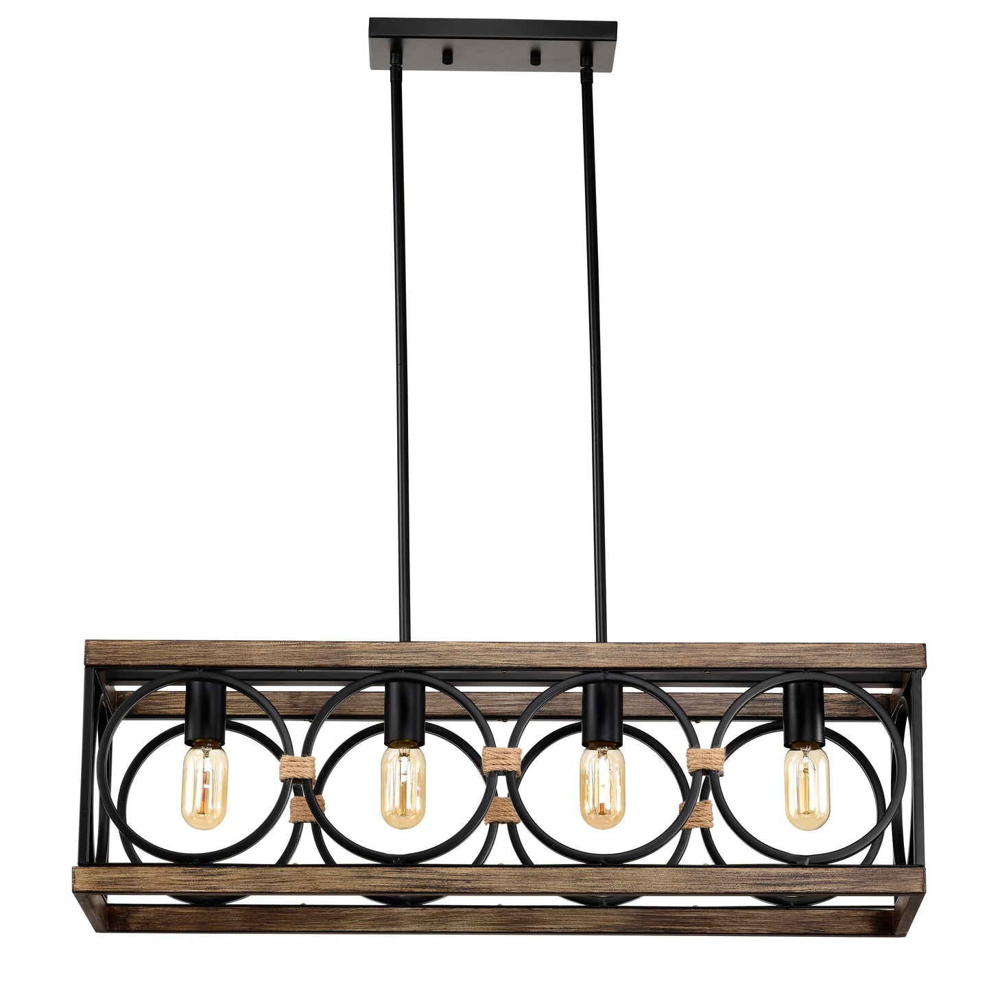 4 Light (Bulb No Included) Farmhouse Rectangle Pendant Light, Wood Texture Vintage Rustic Chandeliers Metal Industrial Hanging Light Fixtures For Kitchen, Entryway, Dining Room - Black / Natural