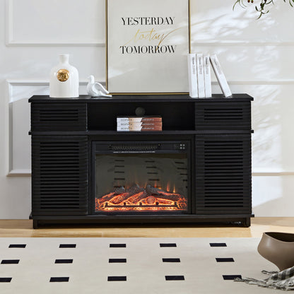 Modern Wood Cabinet With Adjustable Shelves And Embedded Fireplace With Remote Control - Black Oak