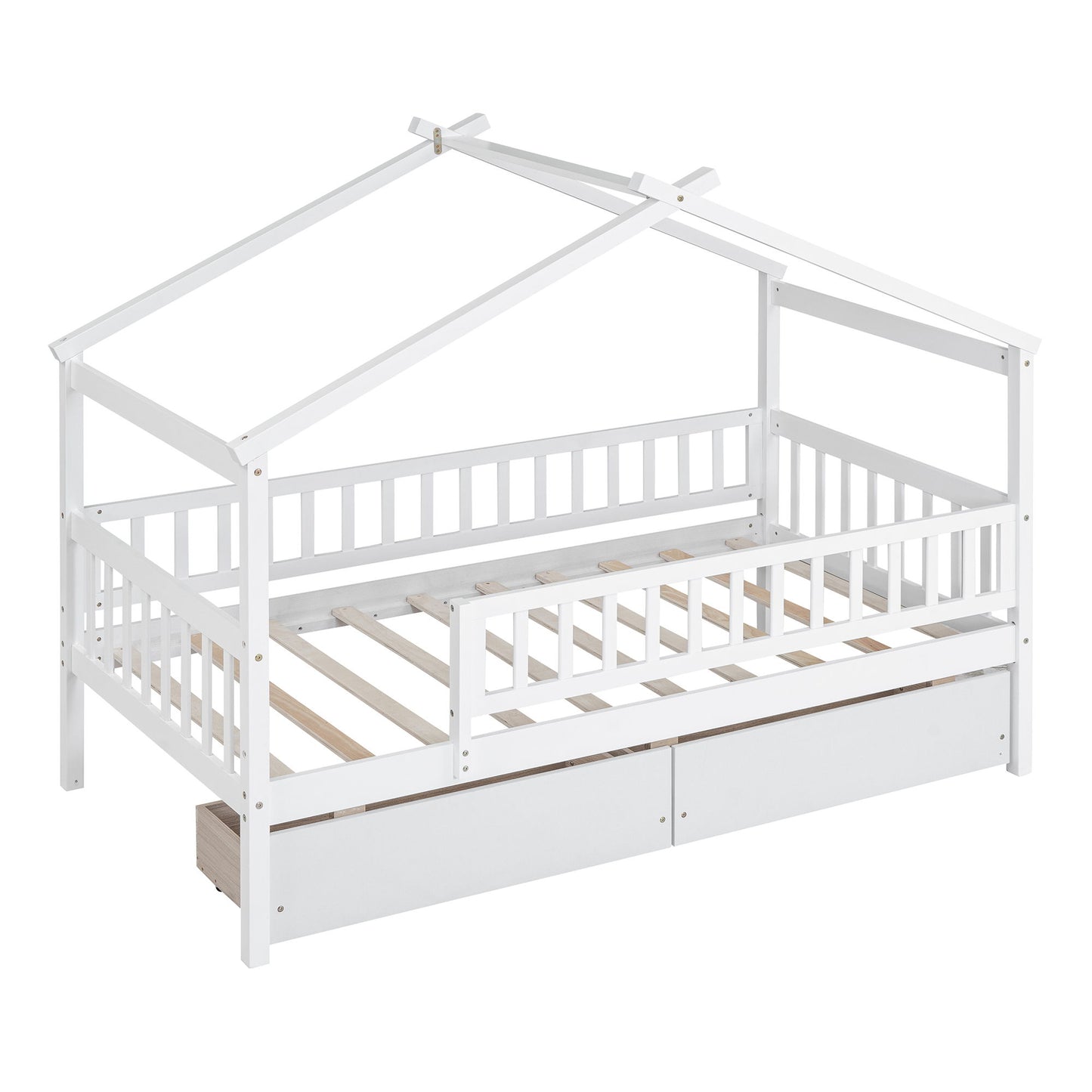 Twin Size House Bed With 2 Drawers - White
