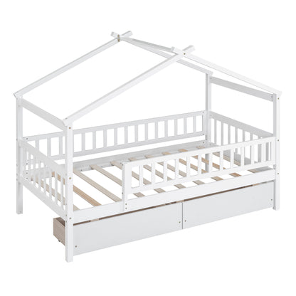 Twin Size House Bed With 2 Drawers - White
