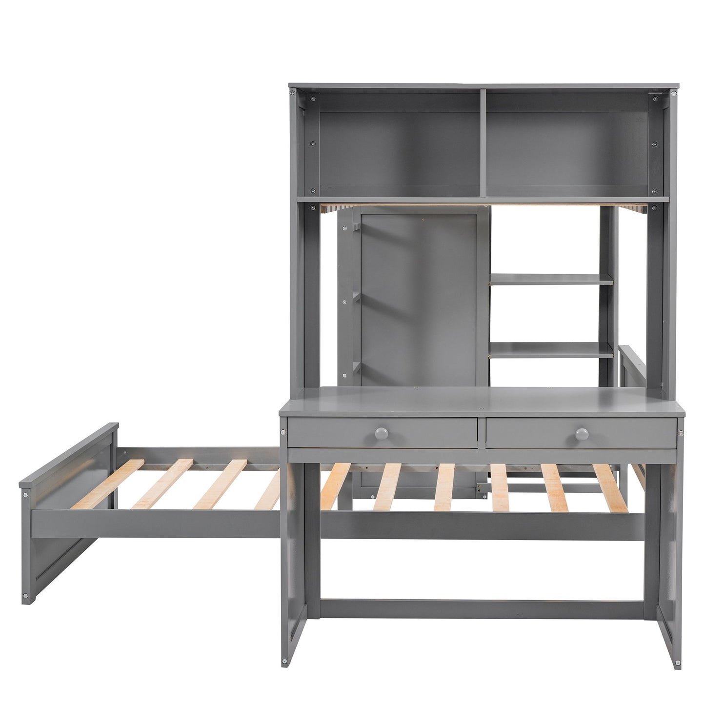 Twin Size Loft Bed With A Stand Alone Bed, Shelves, Desk, And Wardrobe - Gray