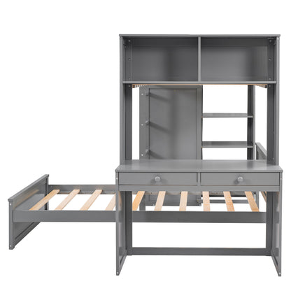 Twin Size Loft Bed With A Stand Alone Bed, Shelves, Desk, And Wardrobe - Gray