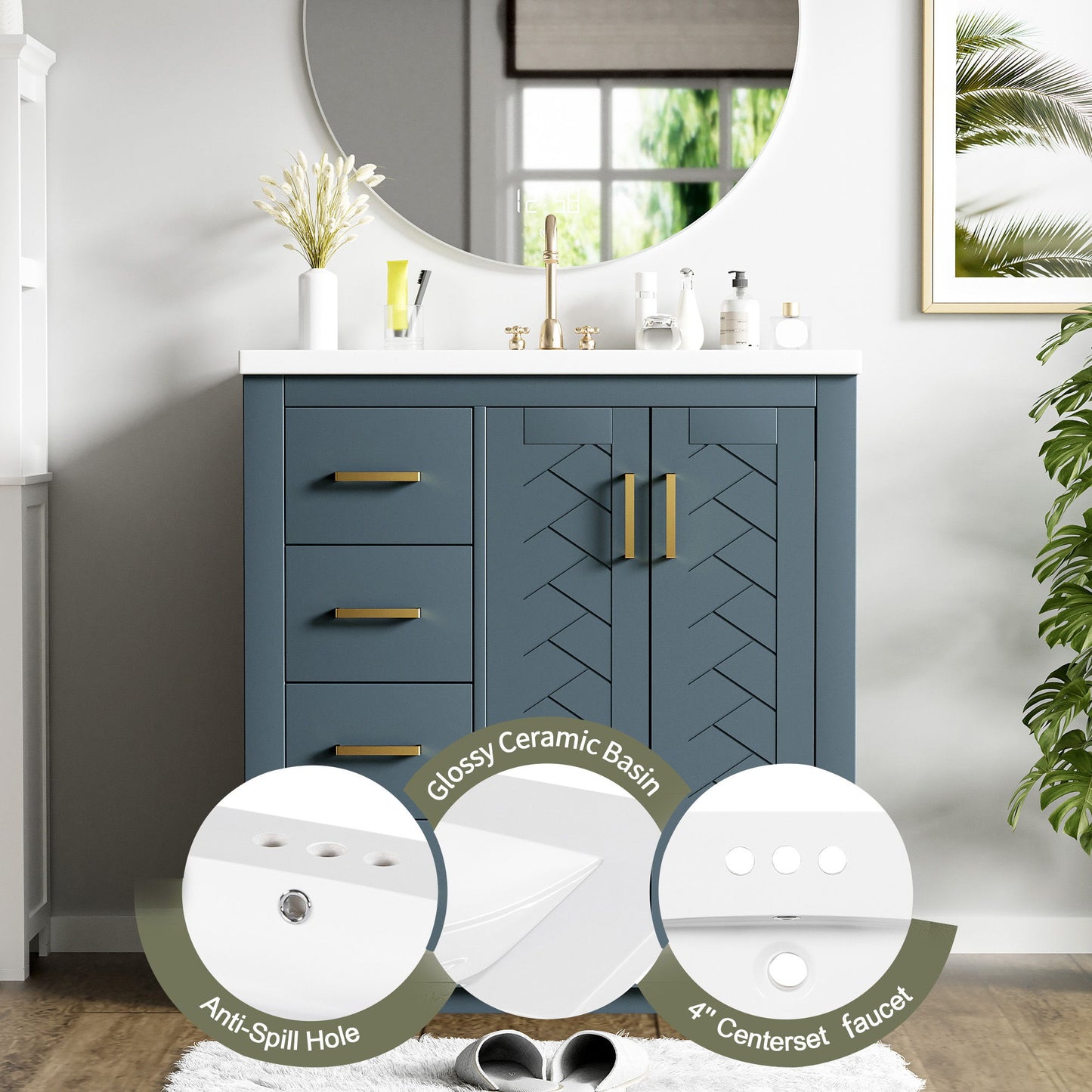 Bathroom Vanity With Ceramic Sink Combo, Frame Bathroom Storage Cabinet, Freestanding Vanity Set With 3 Drawers & Soft Closing Doors - Blue
