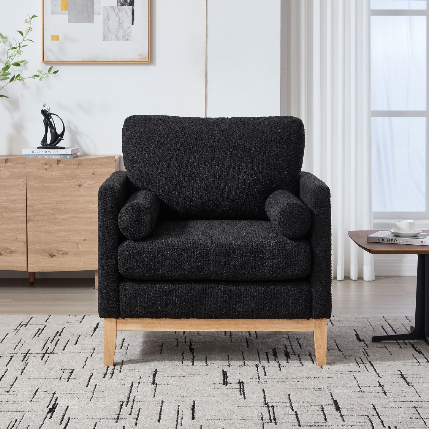 Wide Modern Farmhouse Performance Accent Chair With Natural Wood Legs, Wood Base Reading Armchair Single Sofa With 2 Bolster Pillows For Living Room Offices And Lounge - Black