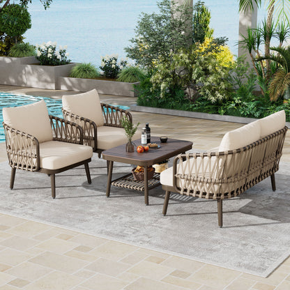 4 Piece Outdoor Patio Furniture Set, Metal Chairs With Woven Rope U Shaped Backrest, Outdoor Conversation Set With Thick Cushions And Coffee Table For Garden, Poolside, Balcony - Brown / Beige