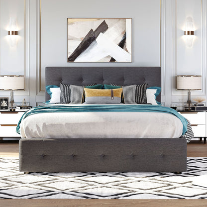 Queen Size Upholstered Platform Bed With 2 Drawers And 1 Twin Long Trundle - Dark Gray