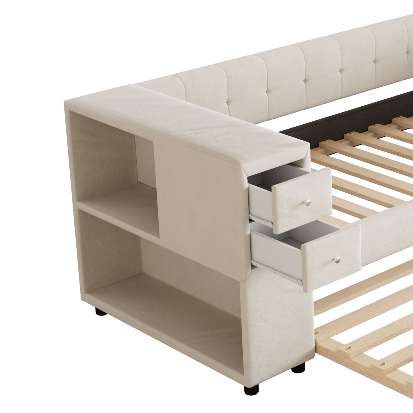 Twin Upholstered Bed With Storage And Twin Trundle, USB Charging Ports - Beige