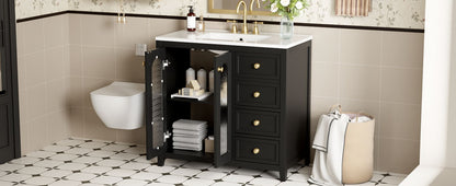 Bathroom Vanity With Two Soft Close Doors, Adjustable Shelves And Three Drawers - Black