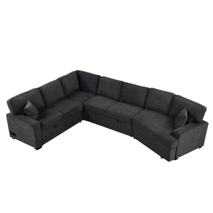 L-Shaped Sofa Sectional Sofa Couch Pull-Out Sofa Bed With Charging Devices And Cup Holders For Living Room - Blue Black