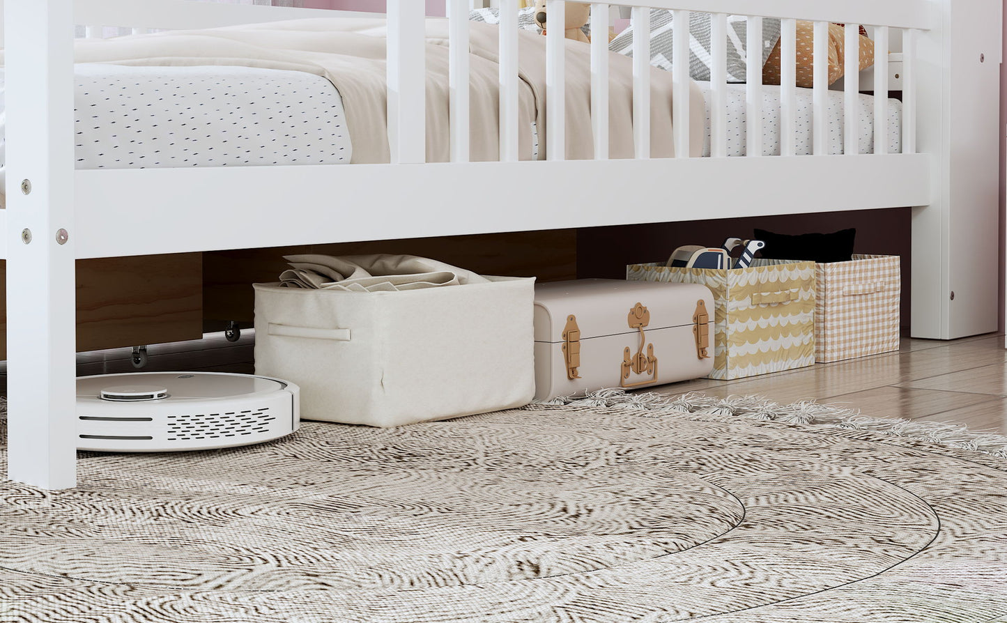Twin Size Bed With Headboard Storage Rack, 2 Under Bed Drawers, 3 - Side Guardrails For Safety And Security - White