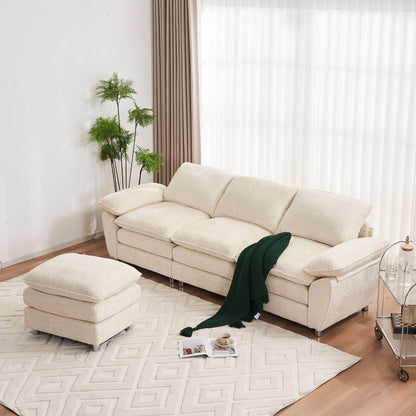Modern Deep 3 Seat Sofa Couch With Ottoman, Polyester Sofa Sleeper Comfy Upholstered Furniture For Living Room - Beige