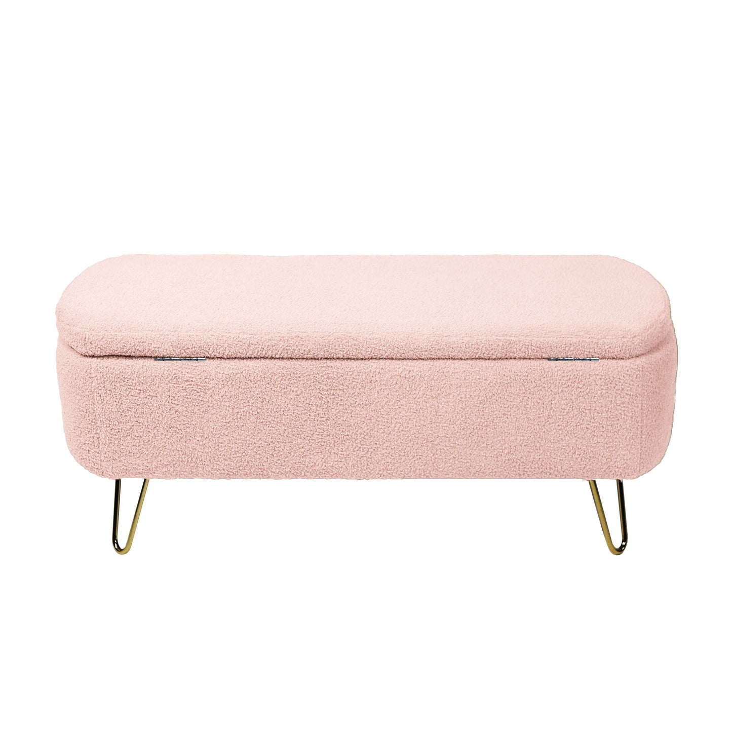 Storage Ottoman Bench For End Of Bed Gold Legs, Modern Gray Faux Fur Entryway Bench Upholstered Padded With Storage For Living Room Bedroom - Pink