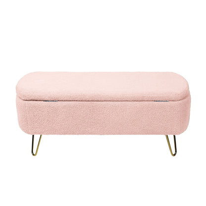 Storage Ottoman Bench For End Of Bed Gold Legs, Modern Gray Faux Fur Entryway Bench Upholstered Padded With Storage For Living Room Bedroom - Pink