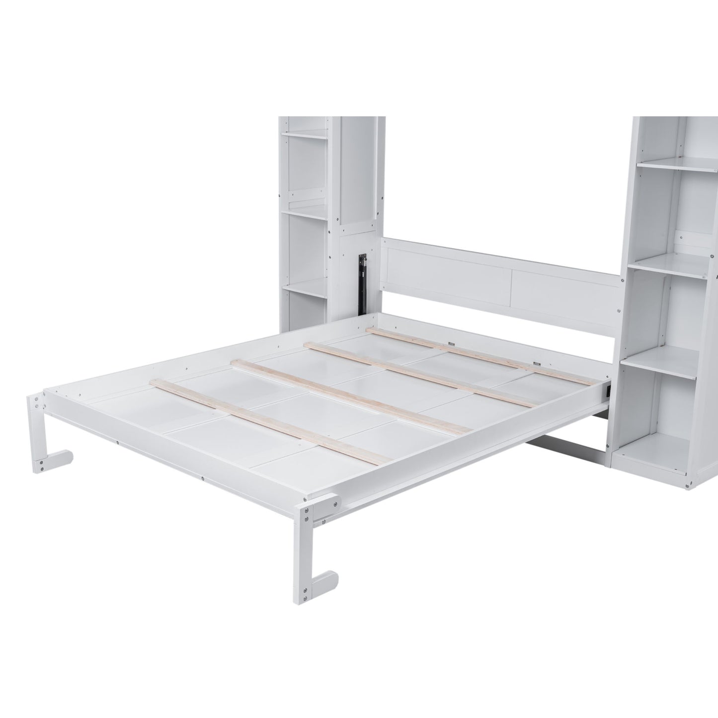 Queen Size Murphy Wall Bed With Shelves And LED Lights - White