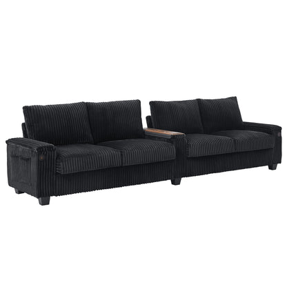 Modern 4 Seater Corduroy Sofa Couch With USB Ports And Hidden Storage - Black