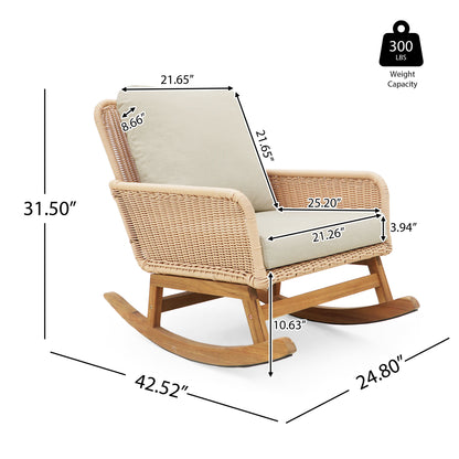 Contemporary Minimalist Wicker Rocking Chair With Soft Polyester Cushions And Wooden Frame - Beige