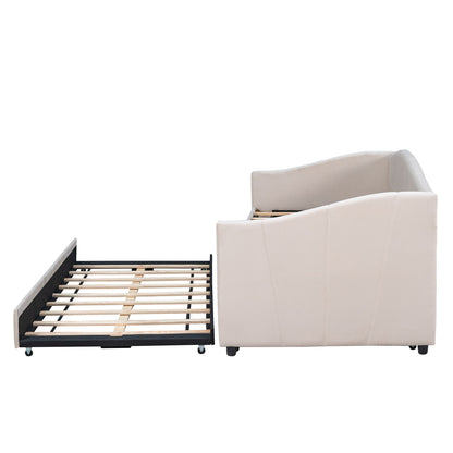 Twin Size Upholstered Daybed Sofa Bed With Trundle And Slat - Beige