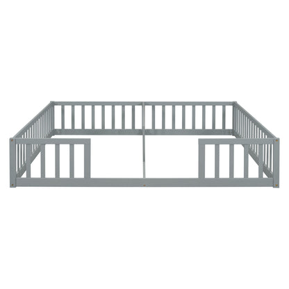 Double Twin Floor Bed With Fence, Guardrails, Without Door - Gray