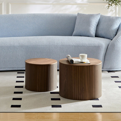 Handcrafted Nested Table Set 2 Pieces, Round Coffee Table - Walnut Color
