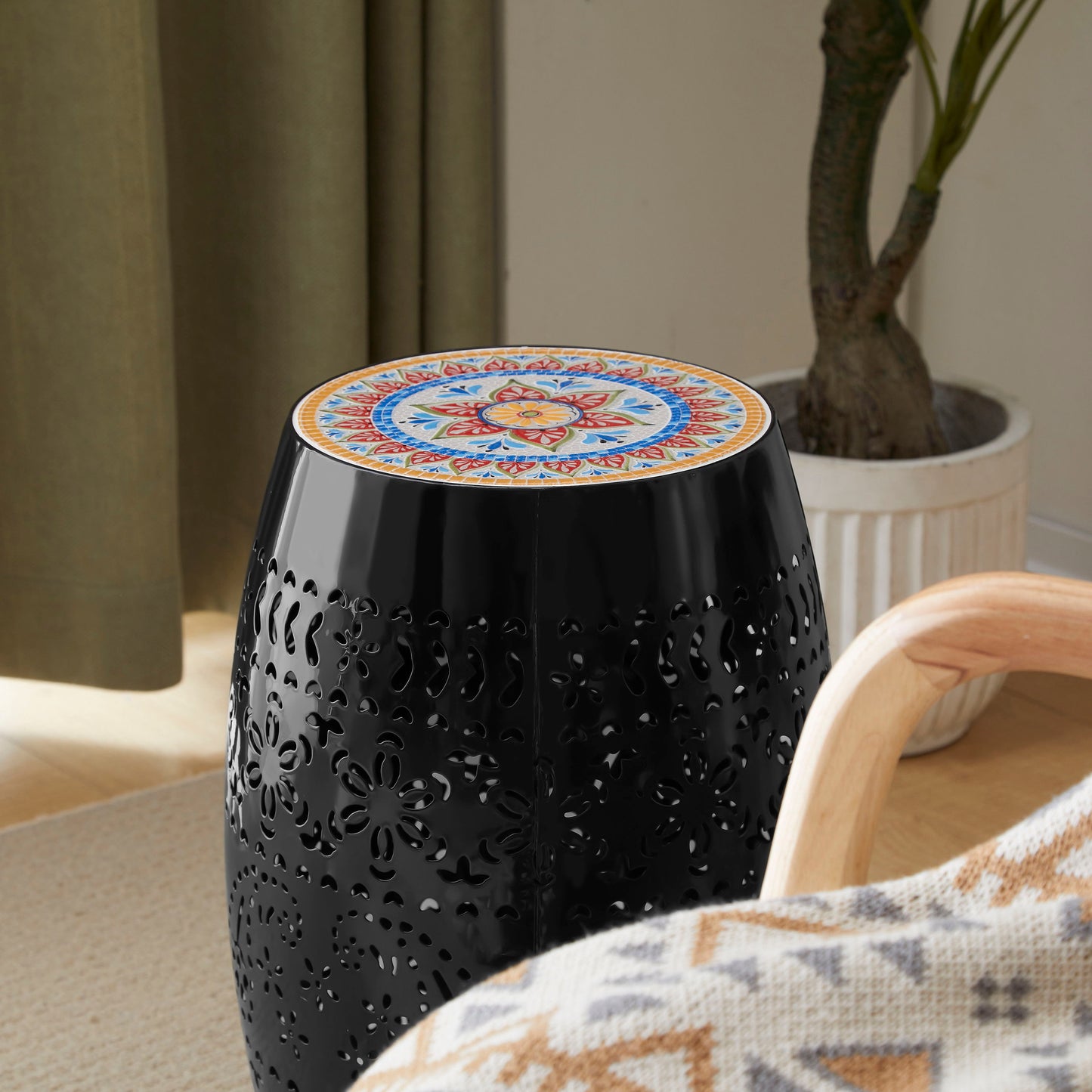 Boho Mosaic Side Table With Ceramic Tile Top - Black