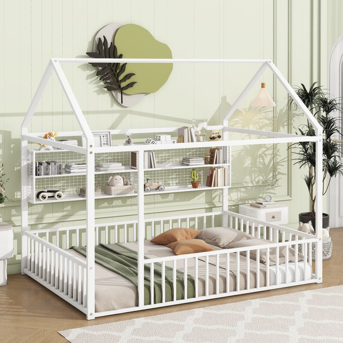 Full Size Bed House Frame With Fence And Shelves - White