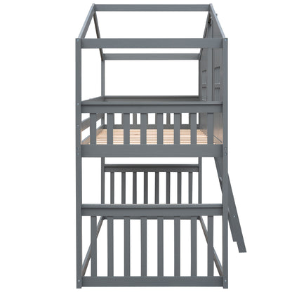 Twin Over Twin House Bunk Bed With Ladder - Gray