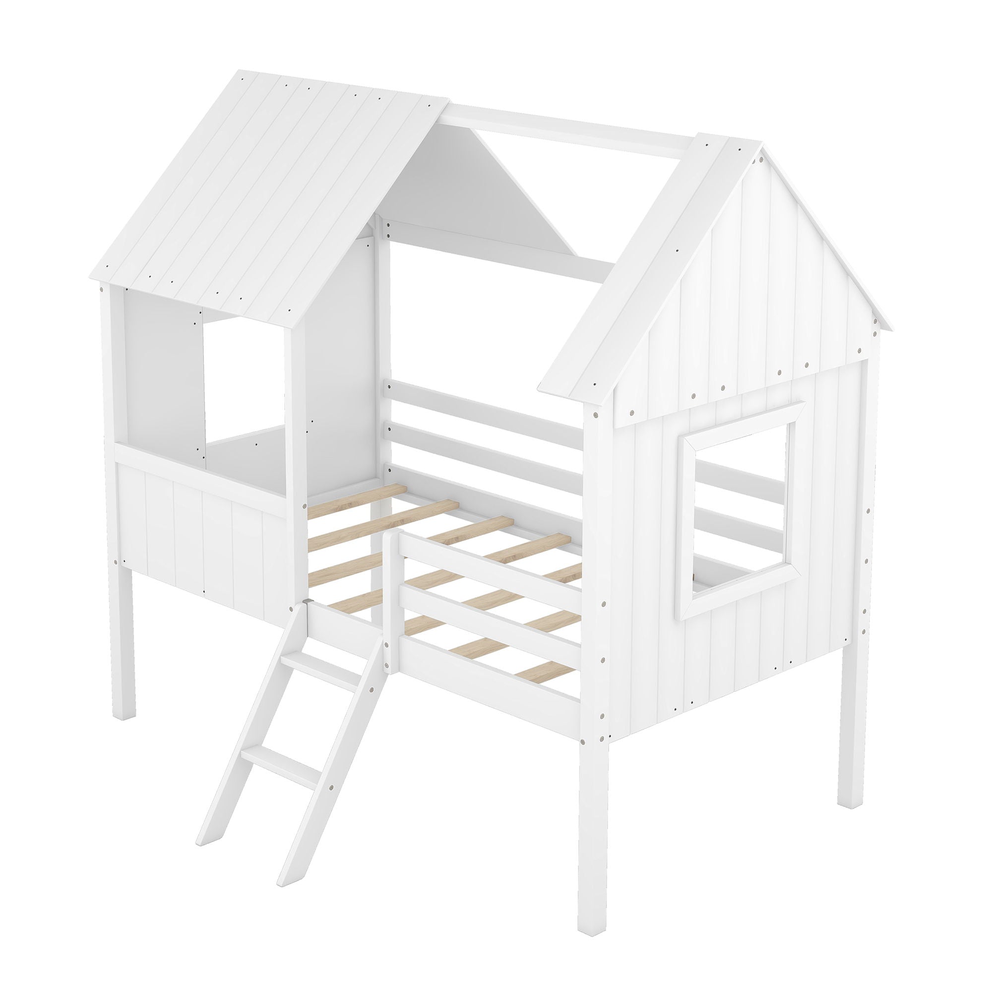Twin Size Low Loft House Bed With Two Side Windows - White