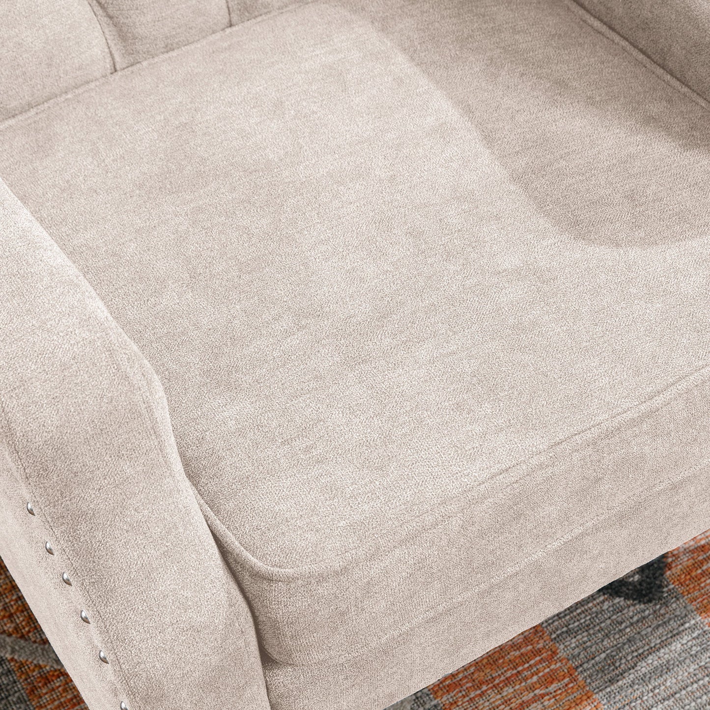 Accent Chair, Living Room Chair, Footrest Chair Set With Vintage Brass Studs, Button Tufted Upholstered Armchair For Living Room, Comfy Reading Chair For Bedroom, Reception Room - Beige