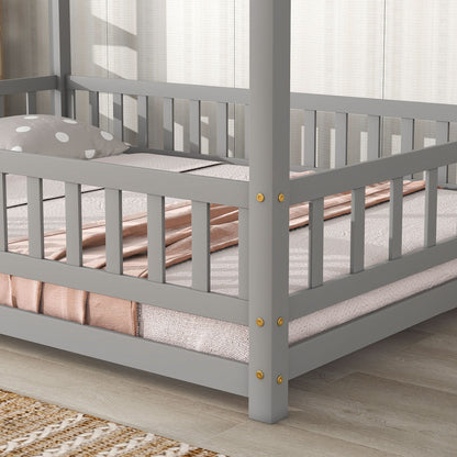 Full Size Floor Wooden Bed With House Roof Frame, Fence Guardrails - Gray