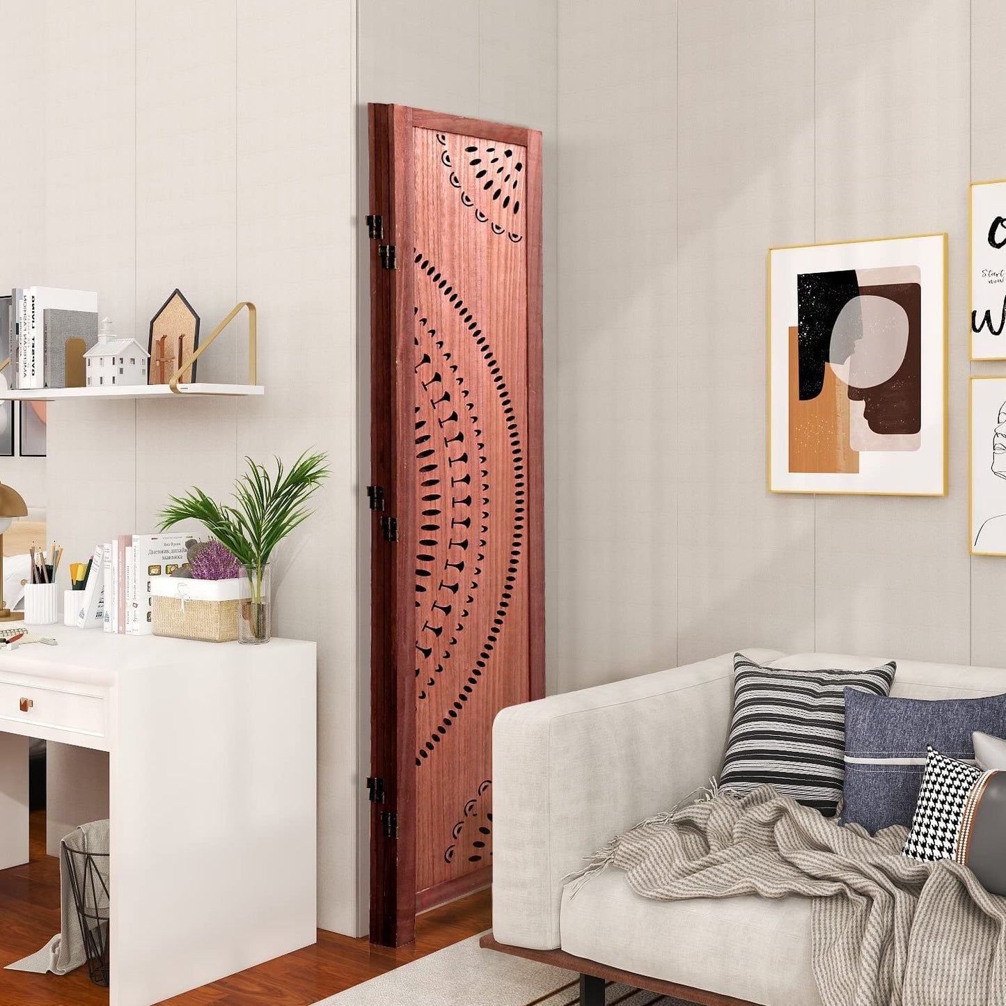 Panel Solid Wood Folding Room Divider - Brown